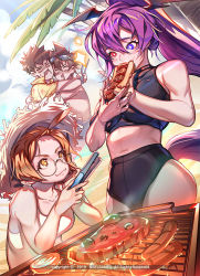 Rule 34 | 2boys, 2girls, beach, brown hair, closed mouth, commentary, cooking, eating, english commentary, english text, glasses, grilling, han daewi, hero cantare, heterochromia, jin mori, lee soo-jin, long hair, looking at another, multiple boys, multiple girls, official art, ponytail, purple hair, short hair, smile, swimsuit, the god of high school, yagaaaa, yu mira