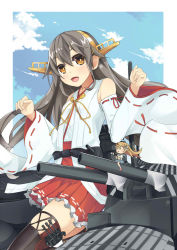 Rule 34 | 10s, 1girl, 35.6cm twin gun mount (dazzle camouflage), :d, bad id, bad pixiv id, bare shoulders, binoculars, blue sky, brown eyes, clenched hands, cloud, day, detached sleeves, fairy (kancolle), frilled skirt, frills, grey hair, hairband, haruna (kancolle), highres, kantai collection, kureha (angelite), kureha (tomo-yuki), lace, lace-trimmed legwear, lace trim, long hair, looking at viewer, machinery, mini person, minigirl, nontraditional miko, open mouth, pleated skirt, red skirt, skirt, sky, smile, straddling, thighhighs, wide sleeves, | |