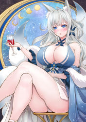 Rule 34 | 1girl, alcohol, animal ears, ass, azur lane, blue butterfly, blue collar, blue dress, breasts, bug, butterfly, cleavage, collar, crossed legs, cup, cupping glass, dress, drinking glass, drunk, evening gown, feather boa, fox ears, fox girl, halter dress, halterneck, highres, insect, kitsune, kyuubi, large breasts, large tail, long hair, looking at viewer, multiple tails, official alternate costume, sai-go, shinano (azur lane), shinano (dreams of the hazy moon) (azur lane), solo, tail, white tail, wine glass, wrist flower