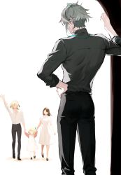 Rule 34 | 2boys, 2girls, absurdres, alhaitham (genshin impact), black pants, black shirt, blonde hair, brown hair, closed mouth, dress, family, father and daughter, genshin impact, green hair, grey hair, hand on own hip, highres, holding hands, hwan (mob hwan), kaveh (genshin impact), male focus, mother and daughter, multiple boys, multiple girls, open mouth, pants, shirt, simple background, standing, waving, white background, white dress, white shirt