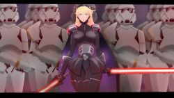 Rule 34 | 1girl, absurdres, am (star wars), amarenafallen, blonde hair, boots, breasts, cape, dual wielding, energy sword, highres, holding, holding lightsaber, letterboxed, lightsaber, long hair, medium breasts, pilot suit, purple cape, purple eyes, red lightsaber, sith, skin tight, solo, star wars, star wars manga, stormtrooper, sword, thigh boots, thigh gap, thighhighs, thighs, tiara, trigger (company), walking, weapon