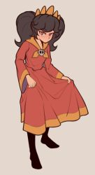 Rule 34 | 1girl, ashley (warioware), black hair, black pantyhose, blush, clothes lift, dress, dress lift, embarrassed, female focus, fujimna, full-face blush, full body, highres, looking at viewer, medium hair, nintendo, pantyhose, red dress, red eyes, simple background, solo, twintails, warioware