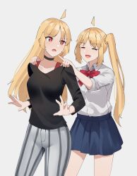 Rule 34 | 2girls, :d, absurdres, ahoge, black choker, black shirt, blonde hair, blue skirt, blush, bocchi the rock!, bow, braid, choker, closed mouth, collarbone, collared shirt, commentary, detached ahoge, dress shirt, english commentary, gar32, grey background, grey pants, highres, ijichi nijika, ijichi seika, long hair, multiple girls, open mouth, pants, parted bangs, pleated skirt, red bow, red eyes, shirt, siblings, side ponytail, simple background, sisters, skirt, smile, striped clothes, striped pants, vertical-striped clothes, vertical-striped pants, very long hair, white shirt