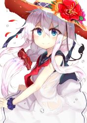 Rule 34 | 10s, 1girl, absurdres, adapted costume, anchor symbol, blue eyes, blush, braid, flower, hair between eyes, hair ornament, hairclip, hat, hat flower, hibiki (kancolle), highres, kantai collection, long hair, looking at viewer, neckerchief, ranf, red neckerchief, see-through, silver hair, smile, solo, sun hat, water drop