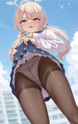 Rule 34 | 1girl, blue archive, blue sailor collar, blue skirt, blue sky, blush, bow, bowtie, breasts, brown eyes, brown pantyhose, clothes lift, disgust, halo, hifumi (blue archive), highres, light brown hair, long hair, long sleeves, looking at viewer, low twintails, milkshakework, miniskirt, open mouth, panties, panties under pantyhose, pantyhose, pleated skirt, sailor collar, shirt, skirt, skirt lift, sky, small breasts, solo, thighband pantyhose, thighs, twintails, underwear, white panties, white shirt, wing hair ornament, yellow bow