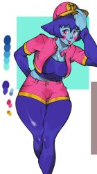 Rule 34 | 1girl, blue skin, breasts, capcom, cleavage, colored skin, darkstalkers, hat, hsien-ko, jacket, jiangshi, lineflow, midriff, pantyhose, pink eyes, purple hair, shirt, shorts, thick thighs, thighs, tongue, tongue out