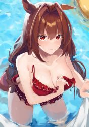 Rule 34 | 1girl, absurdres, animal ears, antenna hair, aoi 13, bare shoulders, bikini, blush, breasts, brown hair, cleavage, closed mouth, collarbone, commentary, covering breasts, covering privates, cowboy shot, daiwa scarlet (trifle vacation) (umamusume), daiwa scarlet (umamusume), ear down, embarrassed, frilled bikini, frills, from above, hair between eyes, hair bobbles, hair intakes, hair ornament, highres, horse ears, horse girl, horse tail, innertube, large breasts, long hair, looking at viewer, official alternate costume, red bikini, red eyes, scowl, solo, sparkle, swim ring, swimsuit, tail, tearing up, tears, thighs, umamusume, untied bikini, v-shaped eyebrows, wading, water