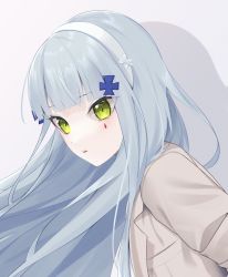Rule 34 | 1girl, absurdres, blue hair, brown jacket, closed mouth, girls&#039; frontline, green eyes, hairband, highres, hk416 (girls&#039; frontline), huge filesize, jacket, long hair, looking at viewer, shirt, solo focus, weisskaeppchen, white background, white shirt