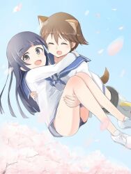 2girls animal_ears artist_request black_hair blue_neckerchief blue_one-piece_swimsuit blue_sailor_collar blue_sky brown_hair carrying closed_eyes falling_petals flying happy long_hair miyafuji_yoshika multiple_girls neckerchief one-piece_swimsuit open_mouth petals pink_petals sailor_collar shoes short_hair sky strike_witches striker_unit swimsuit tail white_footwear world_witches_series yamakawa_michiko