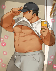 Rule 34 | 1boy, abs, bara, biceps, black hair, cellphone, clothes in mouth, clothes lift, hand on headwear, hat, highres, kuro nezumi inu, large pectorals, male focus, manly, mature male, mouth hold, muscular, muscular male, nipples, original, pants, pectorals, phone, selfie, shirt, shirt in mouth, shirt lift, solo, spiked hair, t-shirt, tan, thick arms, thick eyebrows, track pants, underpec
