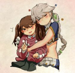 Rule 34 | +++, 2girls, :d, blush, braid, brown eyes, brown hair, commentary request, closed eyes, fang, flower, grey hair, highres, hug, japanese clothes, kantai collection, kariginu, long hair, long sleeves, multiple girls, namakura neo, navel, one eye closed, open mouth, ryuujou (kancolle), sketch, smile, stomach, twintails, unryuu (kancolle)