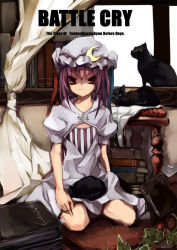 Rule 34 | 1girl, adapted costume, blue ribbon, book, book stack, cat, crescent, crescent hair ornament, curtains, english text, female focus, flat chest, hair ornament, hat, leaf, looking at viewer, mob cap, on lap, patchouli knowledge, puffy short sleeves, puffy sleeves, purple hair, red eyes, red ribbon, ribbon, scowl, shaded face, shimadoriru, short hair, short sleeves, sitting, solo, striped, table, title, touhou, window