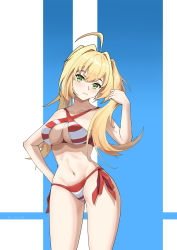 Rule 34 | 1girl, absurdres, ahoge, arm behind back, bikini, blonde hair, blush, breasts, bx (zhileng yasuoji), cleavage, closed mouth, collarbone, fate/extra, fate/grand order, fate (series), feet out of frame, green eyes, hand in own hair, highres, large breasts, long hair, looking at viewer, navel, nero claudius (fate), nero claudius (fate) (all), nero claudius (swimsuit caster) (fate), official alternate costume, simple background, smile, solo, standing, striped bikini, striped clothes, swimsuit, twintails, underboob