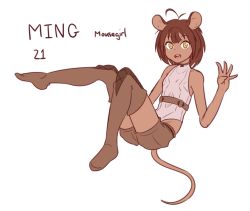 Rule 34 | 1girl, animal ears, antenna hair, bare shoulders, belt, bob cut, breasts, brown belt, brown shorts, carame latte, commentary, dark-skinned female, dark skin, english commentary, english text, foot up, full body, furry, furry female, groin, highleg, highleg leotard, knees up, leotard, looking at viewer, ming (caramalatte), mouse ears, mouse girl, mouse tail, open mouth, original, round teeth, short hair, shorts, simple background, sitting, small breasts, smile, solo, tail, teeth, upper teeth only, waving, white background, white leotard, yellow eyes