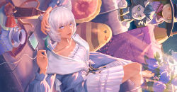 Rule 34 | 1girl, animal ears, arm up, barefoot, cake, cat ears, cat girl, cellphone, character doll, closed mouth, collarbone, cup, cupcake, day, doll, dress, drink, facial mark, final fantasy, final fantasy xiv, food, from behind, grey hair, hand up, indoors, light rays, lips, long sleeves, looking at viewer, lying, matoya (ff14), miqo&#039;te, on back, phone, pillow, purple eyes, runar, saucer, short hair, sideways, smartphone, smile, solo, spoon, stuffed animal, stuffed toy, teacup, teapot, toes, whisker markings, y&#039;shtola rhul, zxin