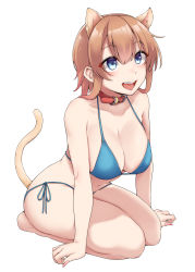 Rule 34 | 1girl, absurdres, animal ears, bikini, blue bikini, blue eyes, breasts, cat ears, cat tail, cleavage, collarbone, fingernails, full body, hair between eyes, highres, kantai collection, kiritto, large breasts, light brown hair, open mouth, seiza, short hair, side-tie bikini bottom, simple background, sitting, solo, swimsuit, tail, teruzuki (kancolle), tongue, tongue out, upper body, white background