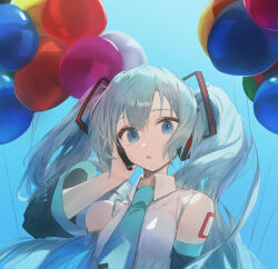 Rule 34 | 1girl, absurdres, aqua eyes, aqua hair, aqua necktie, balloon, bare shoulders, blue background, collared shirt, commentary, detached sleeves, hand on headphones, hand up, hatsune miku, headphones, highres, long hair, long sleeves, looking at viewer, mihoranran, necktie, number tattoo, open mouth, shirt, simple background, sleeveless, sleeveless shirt, solo, tattoo, twintails, upper body, vocaloid, white shirt