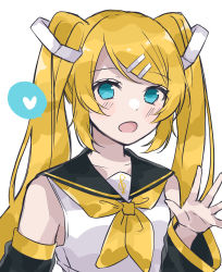 Rule 34 | 1girl, absurdres, alternate hair length, alternate hairstyle, aqua eyes, bad id, bad pixiv id, bare shoulders, black collar, black sleeves, blonde hair, collar, commentary, detached sleeves, hair ornament, hairclip, hairstyle switch, hand up, heart, highres, kagamine rin, light blush, long hair, neckerchief, open mouth, sailor collar, school uniform, shirt, sk duki, sleeveless, sleeveless shirt, solo, spoken heart, swept bangs, twintails, upper body, very long hair, vocaloid, white background, white shirt, yellow neckerchief