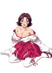 Rule 34 | 1girl, :d, bare shoulders, breasts, cleavage, collarbone, female focus, geta, glasses, hakama, hakama short skirt, hakama skirt, highres, ikkitousen, japanese clothes, large breasts, looking at viewer, miko, no bra, open mouth, purple eyes, simple background, sitting, skirt, smile, solo, sonsaku goei, thighhighs, white background, white thighhighs