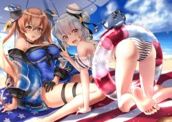 Rule 34 | 1other, 2girls, all fours, american flag, ass, bad id, bad pixiv id, beach, bikini, black gloves, black ribbon, blue hair, blue one-piece swimsuit, blue sky, breasts, brown eyes, casual one-piece swimsuit, cleavage, cloud, day, dixie cup hat, double bun, dutch angle, fang, gloves, hair bun, hair ornament, hair ribbon, hat, innertube, jacket, johnston (kancolle), kantai collection, light brown hair, little blue whale (kancolle), long hair, looking at viewer, medium breasts, military hat, multiple girls, one-piece swimsuit, open mouth, outdoors, ribbon, samuel b. roberts (kancolle), see-through, see-through jacket, short hair, single glove, sitting, skin fang, sky, smile, star (symbol), striped bikini, striped clothes, swim ring, swimsuit, transparent jacket, two side up, user aszm8445, v, whale, white headwear, yellow eyes, yokozuwari