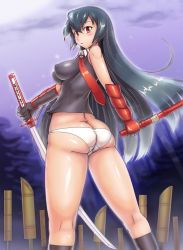 Rule 34 | 10s, 1girl, akame (akame ga kill!), akame ga kill!, arm guards, ass, bare shoulders, black hair, black socks, blush, breasts, butt crack, covered erect nipples, impossible clothes, impossible shirt, katana, long hair, looking at viewer, looking back, medium breasts, necktie, orizen, outdoors, panties, red eyes, sheath, sheathed, shiny clothes, shiny skin, shirt, sky, socks, solo, surprised, sword, underwear, very long hair, weapon, white panties