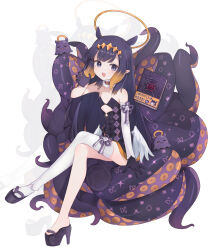 1girl ao-chan_(ninomae_ina&#039;nis) arm_up bare_shoulders black_collar black_dress black_gloves black_hair blue_eyes blunt_bangs book collar crossed_legs cutout_above_navel detached_sleeves dress feathered_wings flat_chest floating floating_book floating_object full_body fur-trimmed_collar fur_trim gloves gradient_hair half_gloves halo hand_on_own_tentacles headpiece highres hololive hololive_english long_hair low_wings mole mole_under_eye multicolored_hair nahae ninomae_ina&#039;nis okobo orange_hair orange_halo platform_clogs platform_footwear pointy_ears sandals short_dress sideless_bangs sidelocks simple_background single_bare_leg single_detached_sleeve single_thighhigh sitting sitting_on_tentacle solo strapless strapless_dress tabi takodachi_(ninomae_ina&#039;nis) tentacle_hair tentacles thighhighs very_long_hair virtual_youtuber white_background white_thighhighs white_wings wings