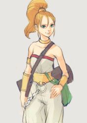 Rule 34 | 1girl, bare shoulders, blonde hair, breasts, choker, chrono trigger, closed mouth, green eyes, highres, long hair, looking at viewer, marle (chrono trigger), ponytail, simple background, smile, solo