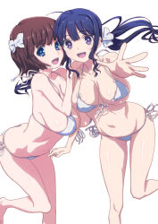 Rule 34 | 2girls, barefoot, bikini, blue eyes, blue hair, blush, breasts, brown hair, floating hair, front-tie top, hair ribbon, halterneck, hirose (mokiki), large breasts, long hair, multiple girls, navel, open mouth, original, outstretched arm, outstretched hand, ponytail, purple eyes, ribbon, short hair, side-tie bikini bottom, simple background, smile, swimsuit, teeth, upper teeth only, white background, white bikini