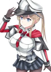 Rule 34 | 1girl, absurdres, black gloves, blonde hair, blue eyes, breasts, cowboy shot, gloves, graf zeppelin (kancolle), hat, highres, kantai collection, large breasts, military hat, military uniform, nipa (graf xsr900), simple background, smile, solo, twintails, uniform
