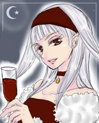 Rule 34 | 1girl, alcohol, choker, crescent moon, cup, drinking glass, female focus, gensou suikoden, gensou suikoden ii, hairband, jujube, long hair, lowres, moon, pointy ears, red eyes, sierra mikain, silver hair, solo, wine, wine glass