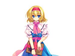 Rule 34 | 1girl, alice margatroid, blonde hair, blue eyes, book, capelet, dress, female focus, hairband, non-web source, riv (rivleaf), short hair, solo, touhou, transparent background