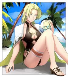 Rule 34 | 1girl, asagi (banzoku210), bare arms, blonde hair, blue eyes, breasts, cape, cleavage, collarbone, drinking straw, earrings, feet, female focus, fire emblem, fire emblem: the sacred stones, fire emblem heroes, fruit cup, full body, green cape, high heel sandals, highleg, highleg swimsuit, highres, holding, jewelry, long hair, looking at viewer, medium breasts, nintendo, palm tree, parted bangs, parted lips, sandals, selena (fire emblem: the sacred stones), selena (summer) (fire emblem: the sacred stones), sitting, solo, swimsuit, thigh strap, thighs, toeless footwear, toes, tree