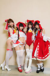 Rule 34 | 4girls, asian, cosplay, detached sleeves, female focus, hakurei reimu, multiple girls, navel, photo (medium), red theme, shoes, touhou