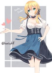 Rule 34 | 10s, 1girl, absurdres, anchor hair ornament, bad id, bad twitter id, blonde hair, blue eyes, blue nails, blush, choker, commentary request, dirndl, german clothes, german text, hair ornament, hand on own hip, hand up, heart, highres, kanikou, kantai collection, leg up, low neckline, low twintails, nail polish, open mouth, prinz eugen (kancolle), puffy short sleeves, puffy sleeves, short sleeves, smile, solo, translated, twintails, twitter username, underbust