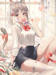 Rule 34 | 1girl, animal ears, bandaid, banned artist, black skirt, blue eyes, bow, bowtie, breasts, cat ears, cat girl, cat tail, collared shirt, extra ears, grey hair, hair ornament, hairclip, heart, heart-shaped lollipop, highres, knee up, looking at viewer, medium breasts, medium hair, mellozzo, miniskirt, mouth hold, original, pleated skirt, red ribbon, ribbon, see-through, shaped lollipop, shirt, shirt tucked in, single thighhigh, sitting, skirt, solo, tail, tail bow, tail ornament, thighhighs, thighs, white shirt, white thighhighs