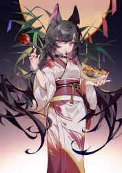Rule 34 | 1girl, animal ear fluff, animal ears, bad id, bad pixiv id, bamboo, black hair, candy apple, choker, commentary, eyebrows hidden by hair, fang, food, food in mouth, full moon, hair between eyes, highres, holding, holding food, japanese clothes, kimono, long hair, machi (7769), moon, mouth hold, multicolored hair, night, night sky, obi, original, purple eyes, purple hair, sash, sky, solo, standing, star (sky), starry sky, symbol-only commentary, takoyaki, tanabata, tanzaku, two-tone hair, very long hair, white kimono