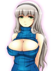 Rule 34 | 1girl, arms behind back, bare shoulders, blush, breasts, cleavage, cleavage cutout, clothing cutout, green eyes, grey hair, hairband, idolmaster, idolmaster (classic), large breasts, long hair, shijou takane, simple background, smile, solo, standing, turtleneck, wakame