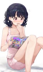 Rule 34 | 1girl, bare arms, bare legs, bare shoulders, black hair, commentary request, fangs, flying sweatdrops, fukumaru koito, hand to own mouth, highres, hiroki (yyqw7151), idolmaster, idolmaster shiny colors, knees up, magazine (object), medium hair, purple eyes, reading, short shorts, shorts, sitting, skin fangs, solo, tank top, twintails, white background
