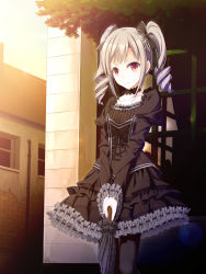 Rule 34 | 10s, 1girl, bad id, bad pixiv id, black dress, bow, building, choker, collarbone, cowboy shot, dress, drill hair, frilled dress, frills, gothic lolita, hair bow, idolmaster, idolmaster cinderella girls, juliet sleeves, kanzaki ranko, kine-c, lolita fashion, long hair, long sleeves, looking at viewer, outdoors, pantyhose, parasol, industrial pipe, puffy sleeves, red eyes, sidelocks, silver hair, smile, solo, standing, sunlight, tree, twin drills, twintails, umbrella, v arms