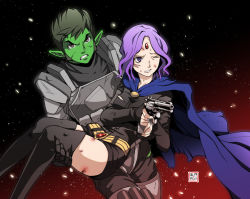 Rule 34 | armor, beast boy (dc), dc comics, eudetenis, formal, galactic-overlord, green theme, gun, raven (dc), suit, tagme, teen titans, thighhighs, weapon