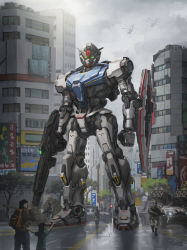 Rule 34 | 1girl, 3boys, aircraft, alternate universe, clenched hand, glowing, glowing eyes, green eyes, green jacket, gun, gundam, helicopter, helmet, highres, holding, holding gun, holding phone, holding weapon, jacket, mecha, missile pod, mobile suit gundam, multiple boys, phone, pointing, redesign, rifle, robot, running, rx-78-2, soldier, solo focus, stuart ng, v-fin, weapon