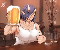 Rule 34 | 1girl, airisubaka, alcohol, artist name, beer, blue hair, breasts, earrings, elf-san wa yaserarenai., hair over one eye, horns, jewelry, large breasts, looking at viewer, monster girl, muscular, muscular female, oga (elf-san wa yaserarenai.), ogre, oni, oni horns, open mouth, pointy ears, short hair, signature, smile, solo, yellow eyes
