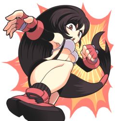 Rule 34 | 1990s (style), 1girl, black hair, breasts, brown eyes, clenched hand, elbow gloves, final fantasy, final fantasy vii, fingerless gloves, gashi-gashi, gloves, kicking, long hair, low-tied long hair, no bra, retro artstyle, shoes, skirt, socks, solo, suspenders, tifa lockhart, underboob, very long hair