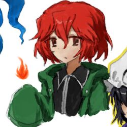 Rule 34 | 1other, androgynous, black shirt, fire, green jacket, hood, hooded jacket, jacket, len&#039;en, long sleeves, needless (toyaco), open mouth, other focus, red eyes, red hair, shirt, shitodo hooaka, short hair