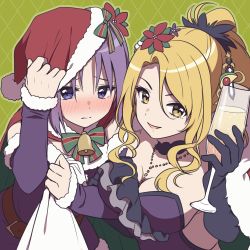 Rule 34 | 2girls, arm up, bad id, bad pixiv id, bell, belt, belt buckle, black gloves, blonde hair, blush, bow, breasts, brown belt, brown eyes, buckle, cape, champagne flute, christina (christmas) (princess connect!), christina (princess connect!), cleavage, closed mouth, cup, detached sleeves, dotted line, dress, drink, drinking glass, eyebrows hidden by hair, flower, fur-trimmed dress, fur-trimmed headwear, fur-trimmed sleeves, fur trim, gloves, green background, green cape, green outline, hair between eyes, hair flower, hair ornament, hand on headwear, hat, highres, holding, holding cup, holding sack, ichiren namiro, jun (princess connect!), long hair, long sleeves, looking at viewer, medium breasts, multicolored cape, multicolored clothes, multiple girls, nose blush, outline, parted bangs, parted lips, ponytail, princess connect!, purple dress, purple eyes, purple hair, purple sleeves, red cape, red flower, red headwear, sack, santa hat, sleeves past wrists, smile, strapless, strapless dress, striped, striped bow