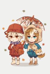 Rule 34 | 2boys, :o, aged down, animal bag, animal ears, animal hood, aqua eyes, bag, blue jacket, blue scarf, blue shorts, blush, boots, brown footwear, brown hair, bucket hat, buttons, closed mouth, commentary, crossed bangs, dog ears, english commentary, fur-trimmed boots, fur trim, genshin impact, gorou (genshin impact), hair between eyes, hand up, hat, highres, holding, holding umbrella, hood, hood up, hooded jacket, jacket, kaedehara kazuha, leaf, long sleeves, looking at viewer, male focus, maple leaf, misu 025, multicolored hair, multiple boys, open mouth, paw print, pocket, red eyes, red hair, red headwear, red jacket, red shorts, scarf, short hair, shorts, shoulder bag, sidelocks, simple background, standing, streaked hair, transparent, transparent umbrella, umbrella, white background, white footwear, white hair