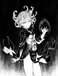Rule 34 | 1girl, breasts, clothes lift, curly hair, dress, dress lift, floating hair, greyscale, hand up, highres, long sleeves, looking at viewer, monochrome, navel, one-punch man, parted lips, short hair, small breasts, solo, standing, tatsumaki, y naf