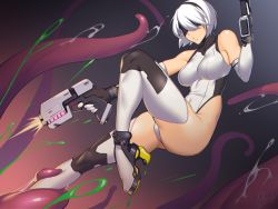 Rule 34 | 1girl, adapted costume, alternate costume, bare shoulders, black blindfold, black hairband, blindfold, boots, breasts, cosplay, covered eyes, dual wielding, dyun, elbow gloves, firing, gloves, gun, hairband, handgun, high heel boots, high heels, highleg, highleg leotard, highres, holding, holding weapon, large breasts, leotard, mole, mole under mouth, nier (series), nier:automata, samus aran (cosplay), short hair, signature, slime (substance), solo, tentacles, thighhighs, weapon, white leotard, 2b (nier:automata)