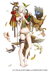 Rule 34 | 1girl, animal, animal on shoulder, bare shoulders, barefoot, bird, bird on hand, bird on shoulder, blue bird, blue feathers, breasts, chalk, eagle, feathers, feet, full body, green panties, green shirt, hair ornament, hand up, looking at viewer, navel, official art, panties, pouch, red eyes, scar, shirt, short hair, simple background, small breasts, solo, standing, strap slip, tattoo, thigh strap, underwear, white background, white hair, yuba no shirushi, zenmaibook