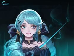 Rule 34 | 1girl, bare shoulders, black bow, black gloves, black sleeves, bow, collarbone, drill hair, gloves, green eyes, green hair, gwen (league of legends), hair bow, hands up, holding, holding sewing needle, league of legends, oversized object, pink eyes, scissors, smile, solo, syami (choiimi), teeth, twin drills, twintails
